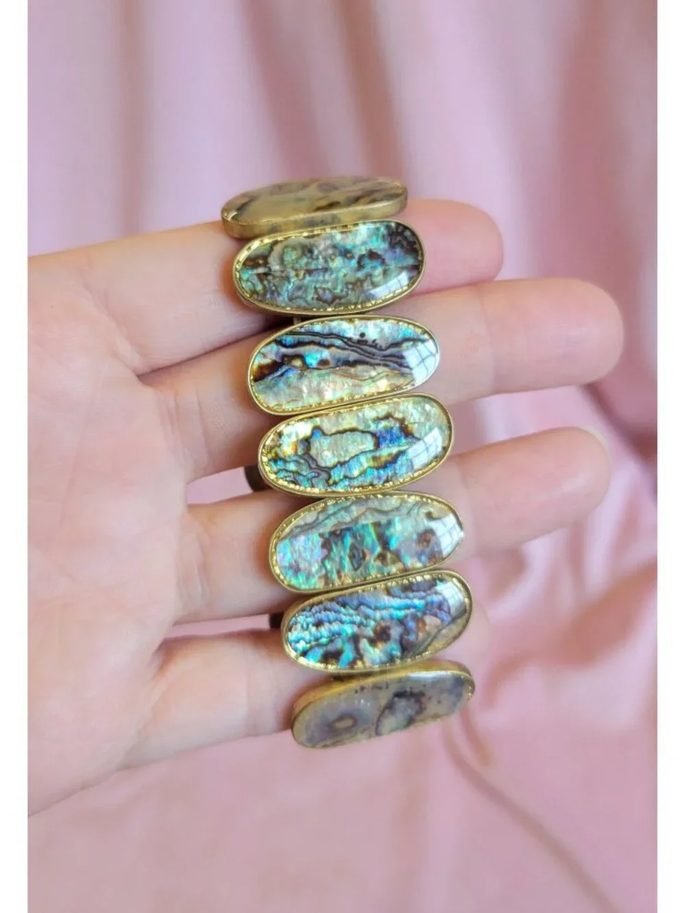 Signed Rosa Flores Gold Tone Blue Abalone Shell Stretchy Statement Bracelet B1A